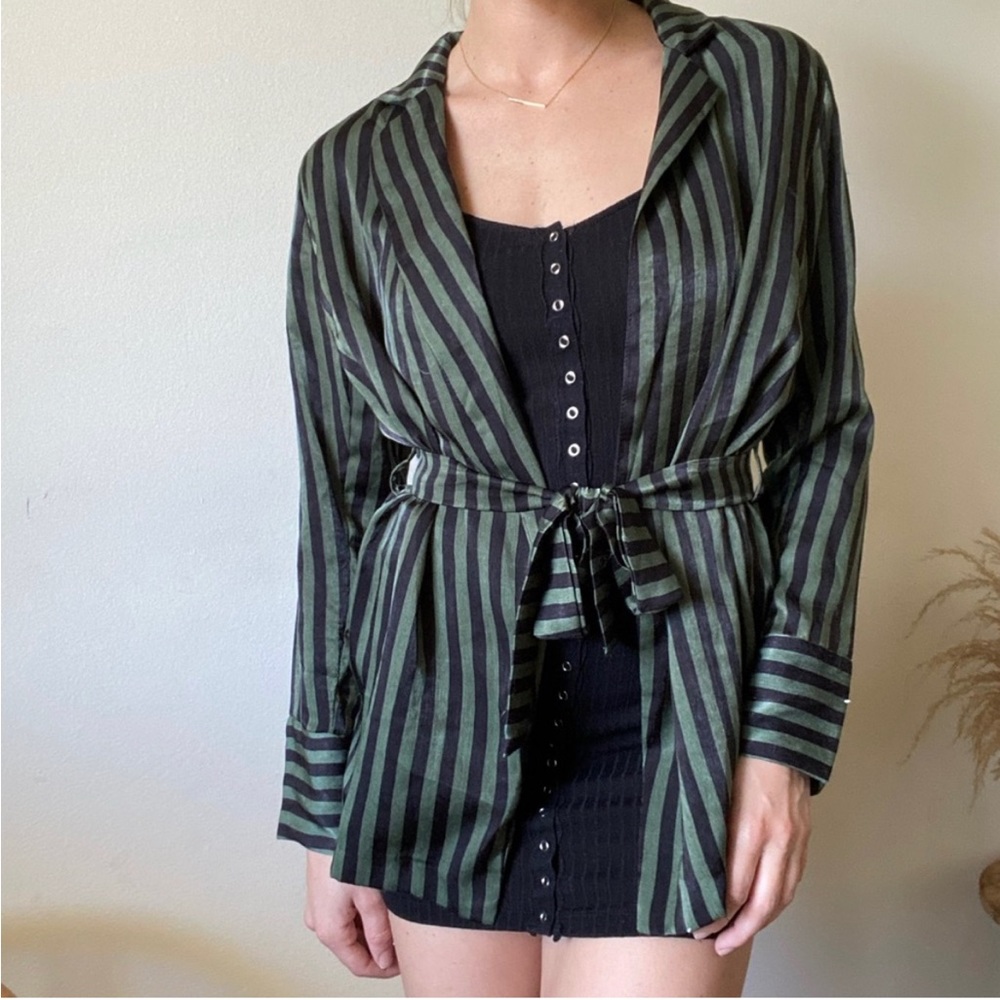 Olivaceous Small black & green striped satin blazer